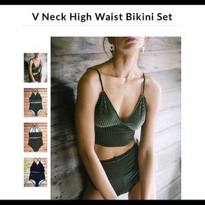 High waist v neck forest green velvet bikini swim